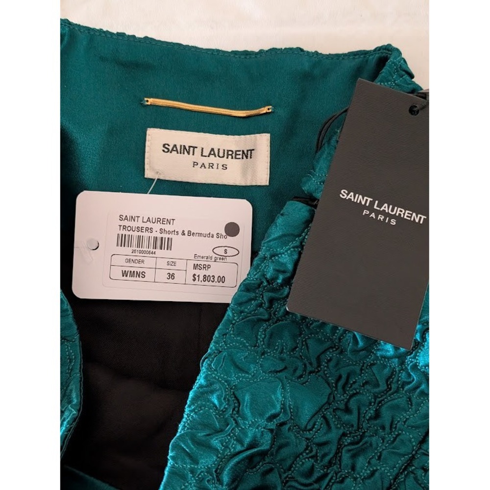 NWT‎ Saint Laurent Emerald Green Silk Crinkled High Waisted Shorts Size 36 - Picture 5 of 9